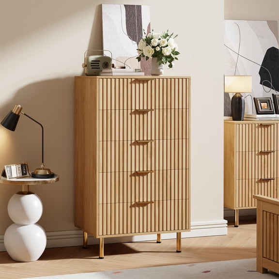 TROPOW 5-Drawer Dresser for Bedroom, Modern Wooden Chest of Drawers with Metal Handles, Anti-Tip Design, Sturdy Storage Organizer for Living Room, Entryway, Hallway, Kids Room & Home Office