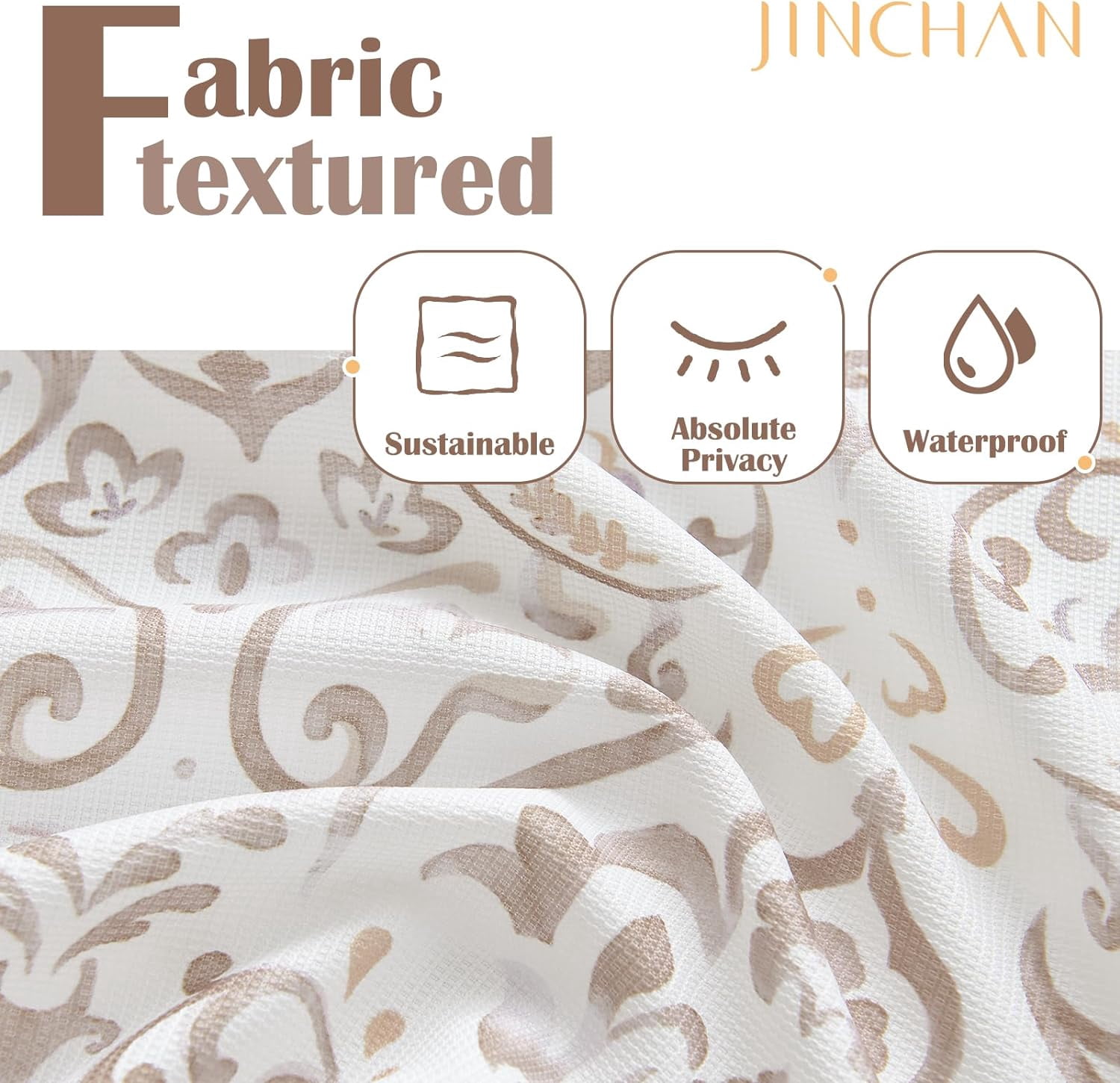 Taupe Floral Shower Curtain, Medallion Damask Farmhouse Shower Curtains for Bathroom, Watercolor Retro Vintage Pattern Waterproof Fabric Shower Curtain, Bath Decor with Hooks 70x72 Inch