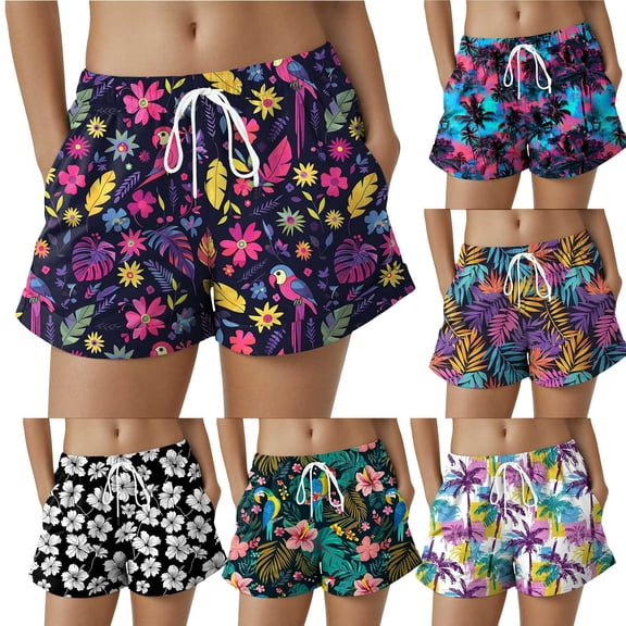 larppty Women's Tropical Floral Parrot Print Swim Trunks Quick Dry Beach Board Shorts with Pockets and Drawstring(Light Purple, XXL)