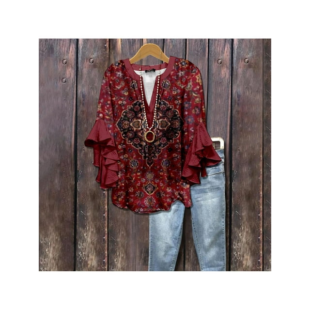 Women'S elegant V-Neck Blouse with Geometric Floral Print for Lotus Leaf Sleeves, Loose Fit Breathable Casual Top