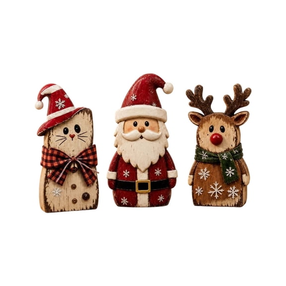 3-Piece Christmas Wooden Figurines Set - Vintage Santa Snowman Reindeer Desktop Ornaments - Distressed Wood Holiday Mantel Shelf Decor, Indoor Xmas Home Party Gift