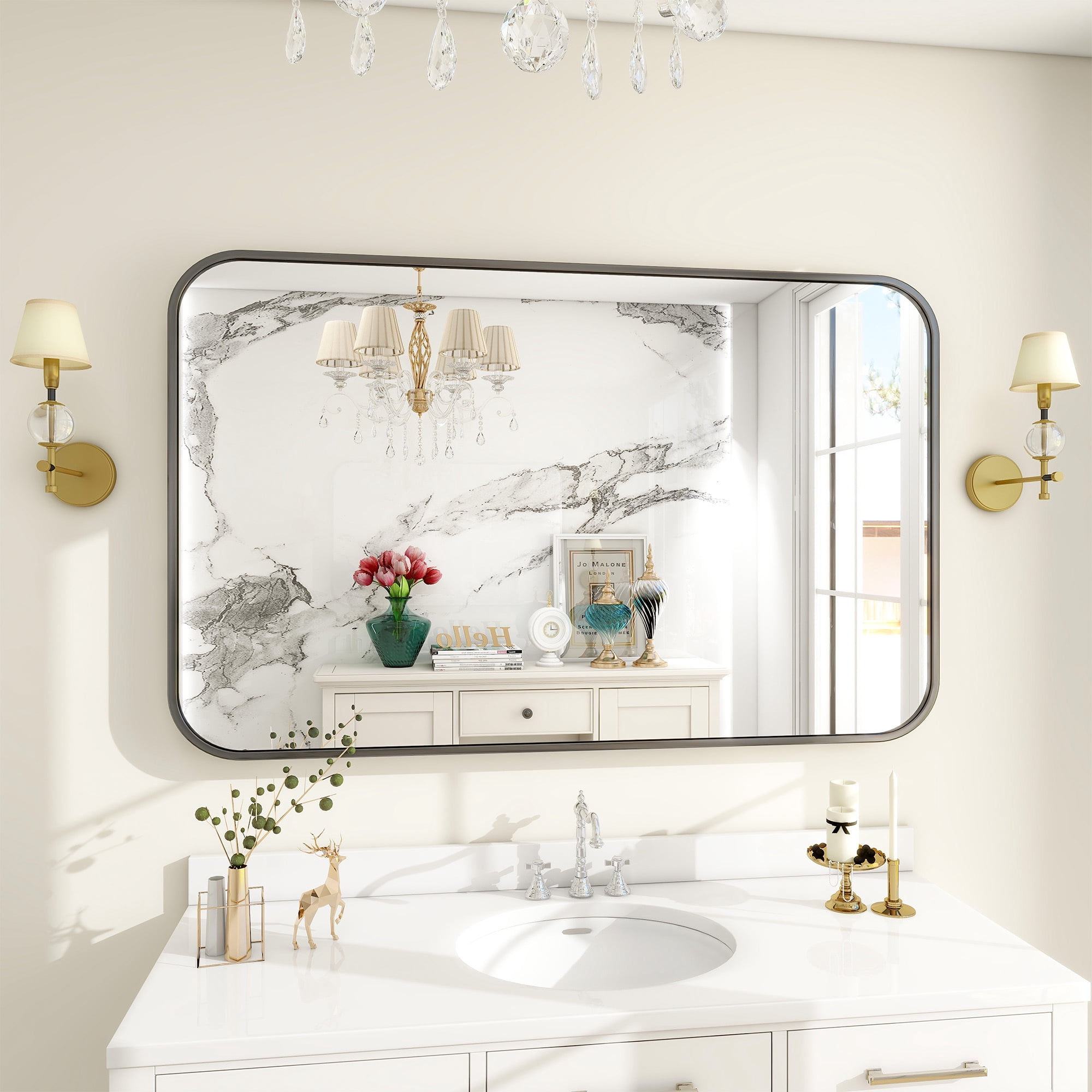 Lumora 48"x36" Rectangular Bathroom Mirror with Round Edge Wall Mounted Wall Mirror, Black