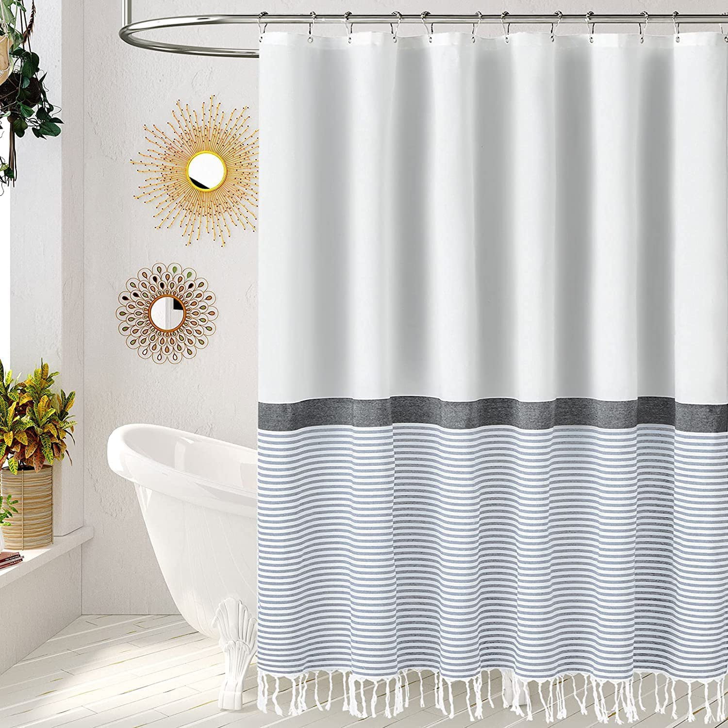 JOYWEIBlue Striped Shower Curtain Cotton Fabric Shower Curtain with Tassels  for Bathroom Decor,12 Shower Curtain Hooks Included,72