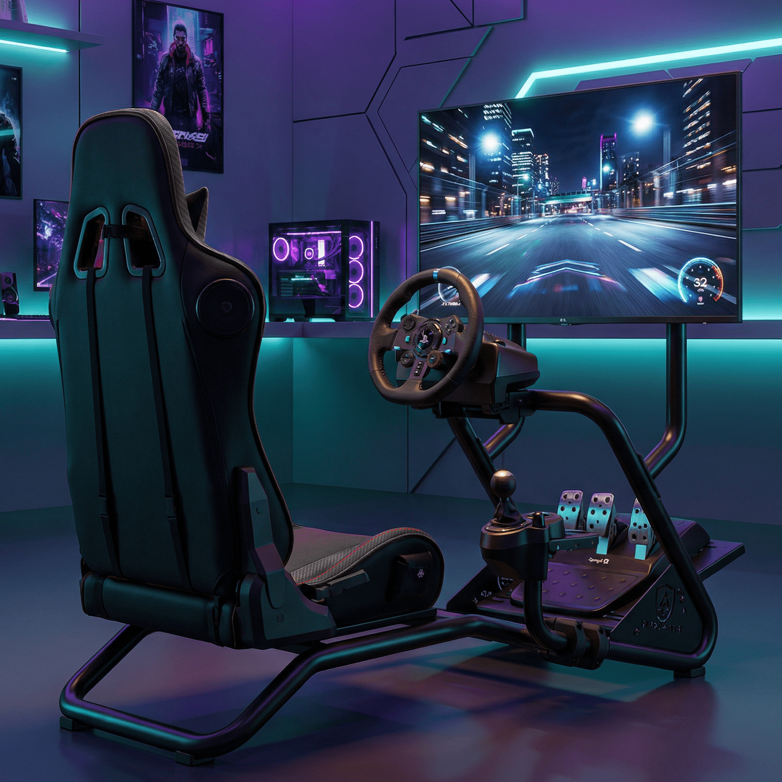 GTPLAYER Racing Simulator Cockpit with Monitor Stand, Racing Style Reclining Seat with Bluetooth Speakers, Black