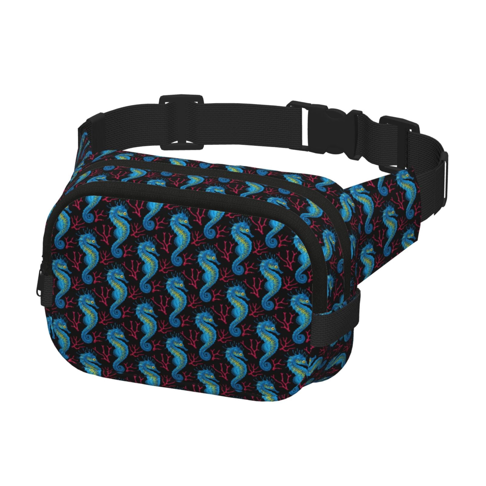 Picia Blue Seahorse Print Square Double-Layer Waist Bag Mini Adjustable Waist Belt Bag Exercise Running Travel Hiking