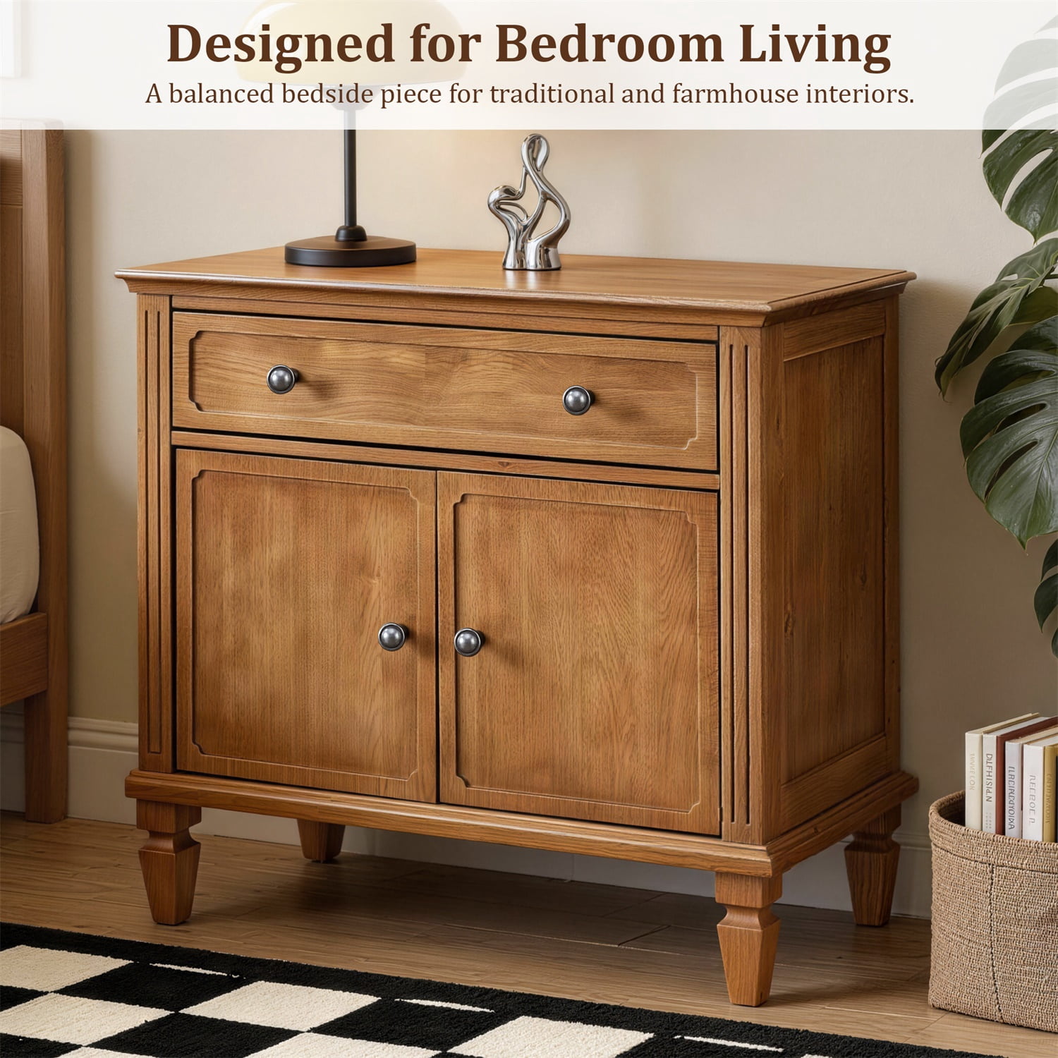 Hommoo Farmhouse Wood Nightstand with Built-in Charging Station, Bedside Table with Drawer & Double-Door Cabinet, USB/Type-C Ports, AC Outlets for Bedroom or Living Room, Natural