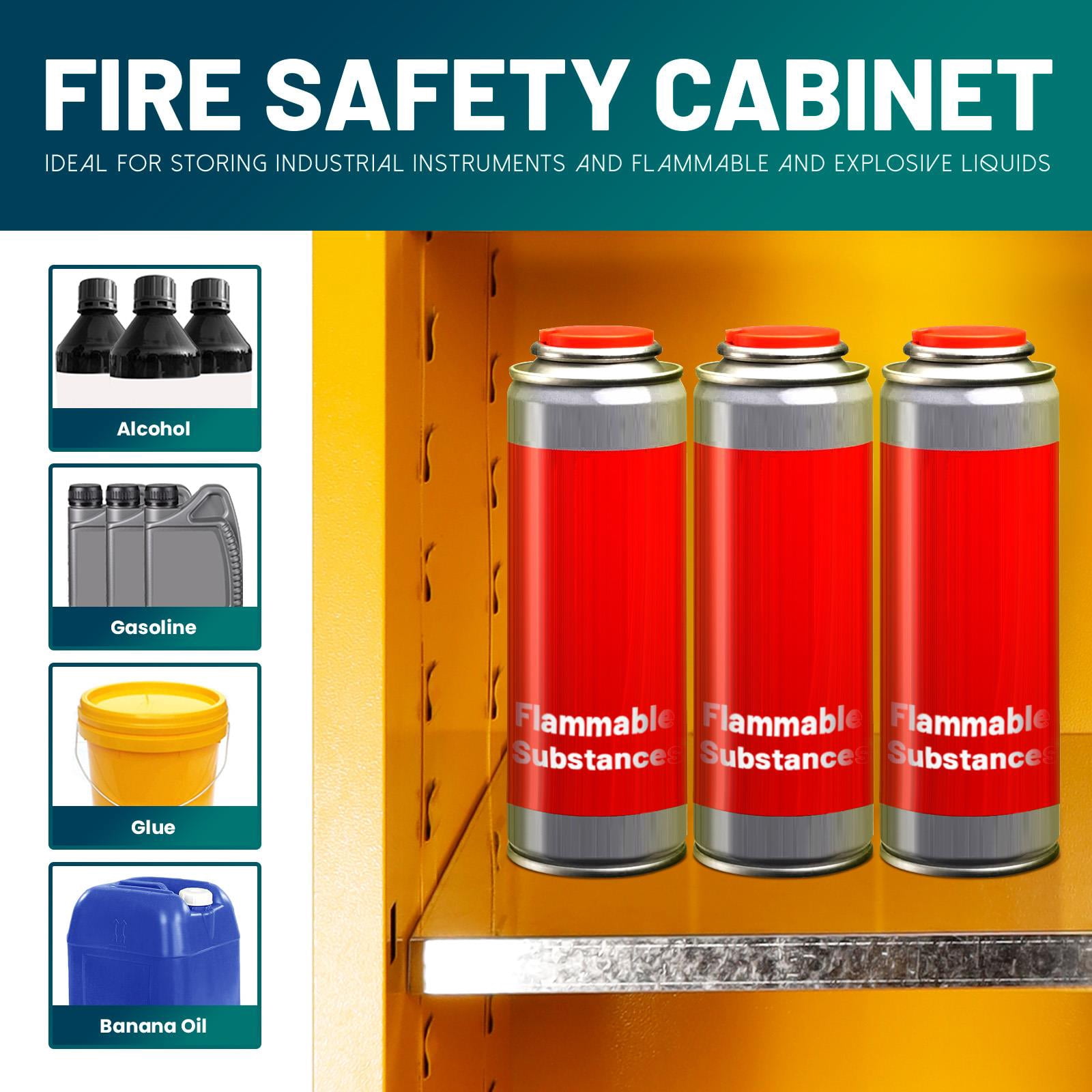 Flammable Safety Cabinet, 35" Double-Walled Steel Fireproof Cabinet with 3-Point Lock, 180° Hinge Door, Yellow Industrial Chemical Storage Cabinet for Lab, Workshop, Garage