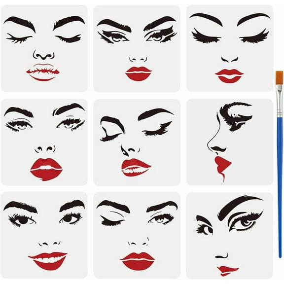 9 Pcs Female Face Painting Stencil with Brush 5.9x5.9inch Eyes Nose Mouth Drawing Template Facial Expression Woman Face DIY Decor Stencil