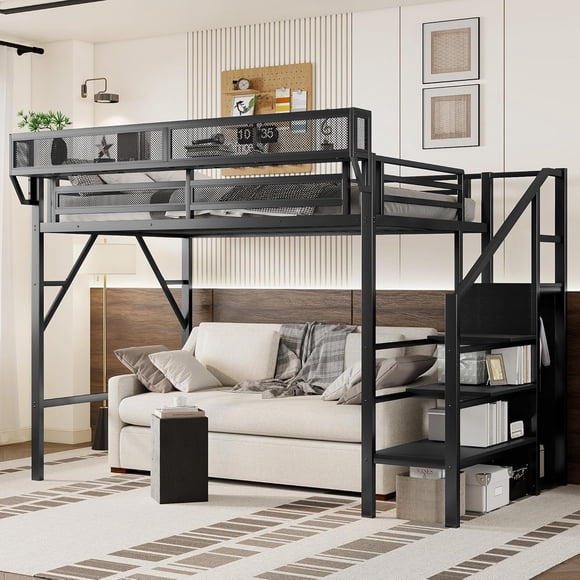 KEIKI Twin XL Size Metal Loft Bed Frame with Convertible Staircase, Built-in Storage Shelves & Wardrobe, Loft Bed with Solid Slat & Guardrail, No Box Spring Required, Easy Assembly, for Bedroom, Black