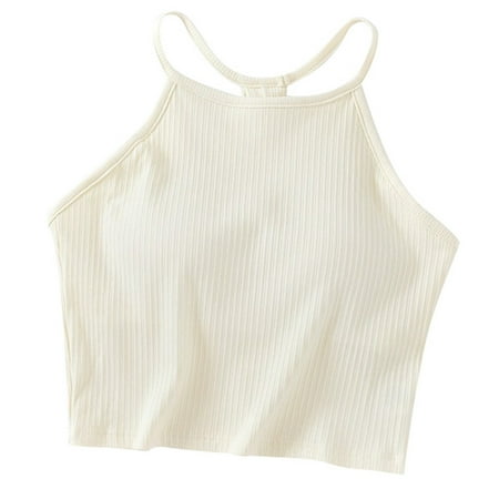 DVKOVI Womens Camisole Tank Tops Gym Clothes for Woman Women s Solid Threaded Chest Pad with Navel Strap Hanging Neck with Cotton Bra Thin Shoulder Strap Sports Top Beige S