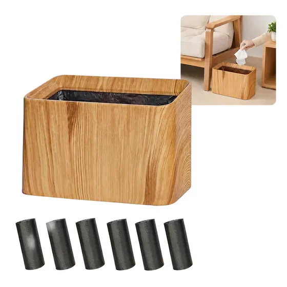 0.5Gal Slim Desktop Waste Bin with 90 Count Trash Bags, Wood Grain Tabletop Mini Trash Can, Slant Open Design for Desk Vanity Car Bedroom