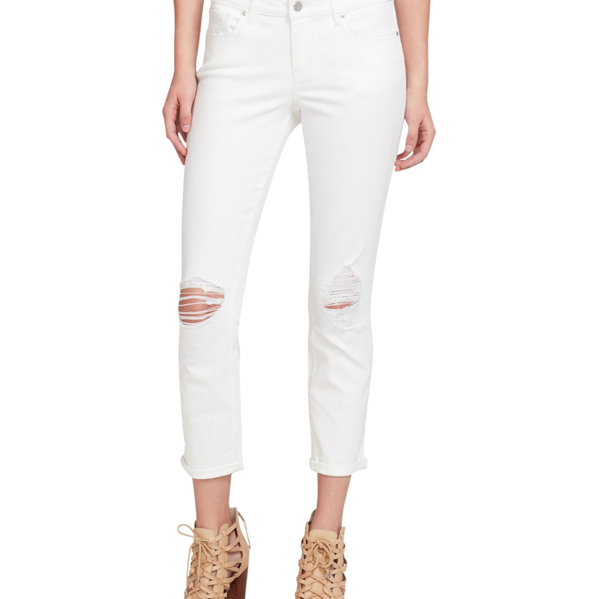 Jessica Simpson Women's Roll Cuff Skinny Crop to Ankle Jeans, White  Rockette/Destruction, 25