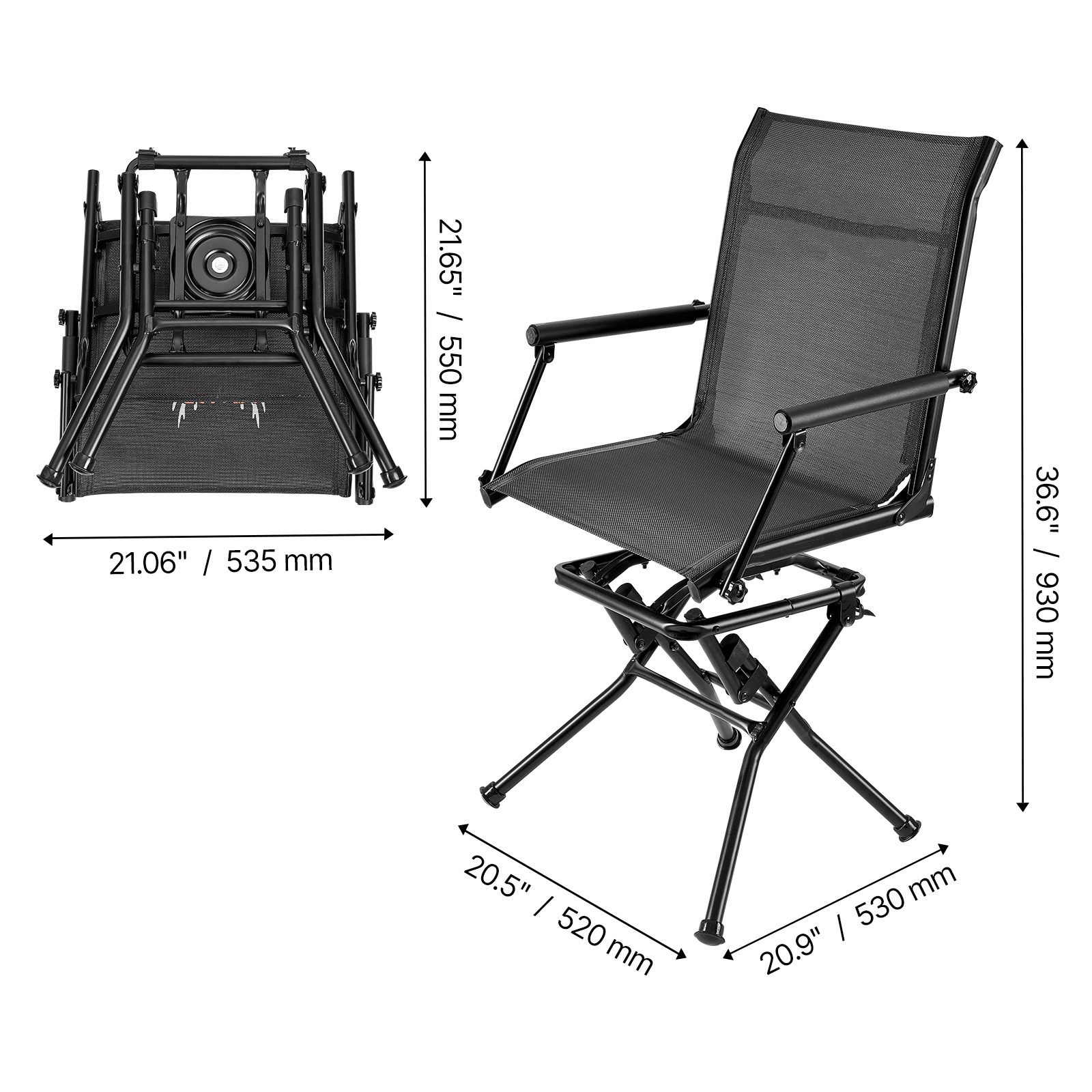 KFFKFF Hunting Chair with 360° Quiet Swivel, Foldable and Lightweight Portable Blind Seat, Durable Steel Frame Ground Stool with Armrests, Adjustable Carry Strap, Supports Up to 300 Lbs