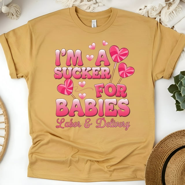 Labor and Delivery Nurse T-Shirt with Funny Baby Lollipop Design, Gold, Size L