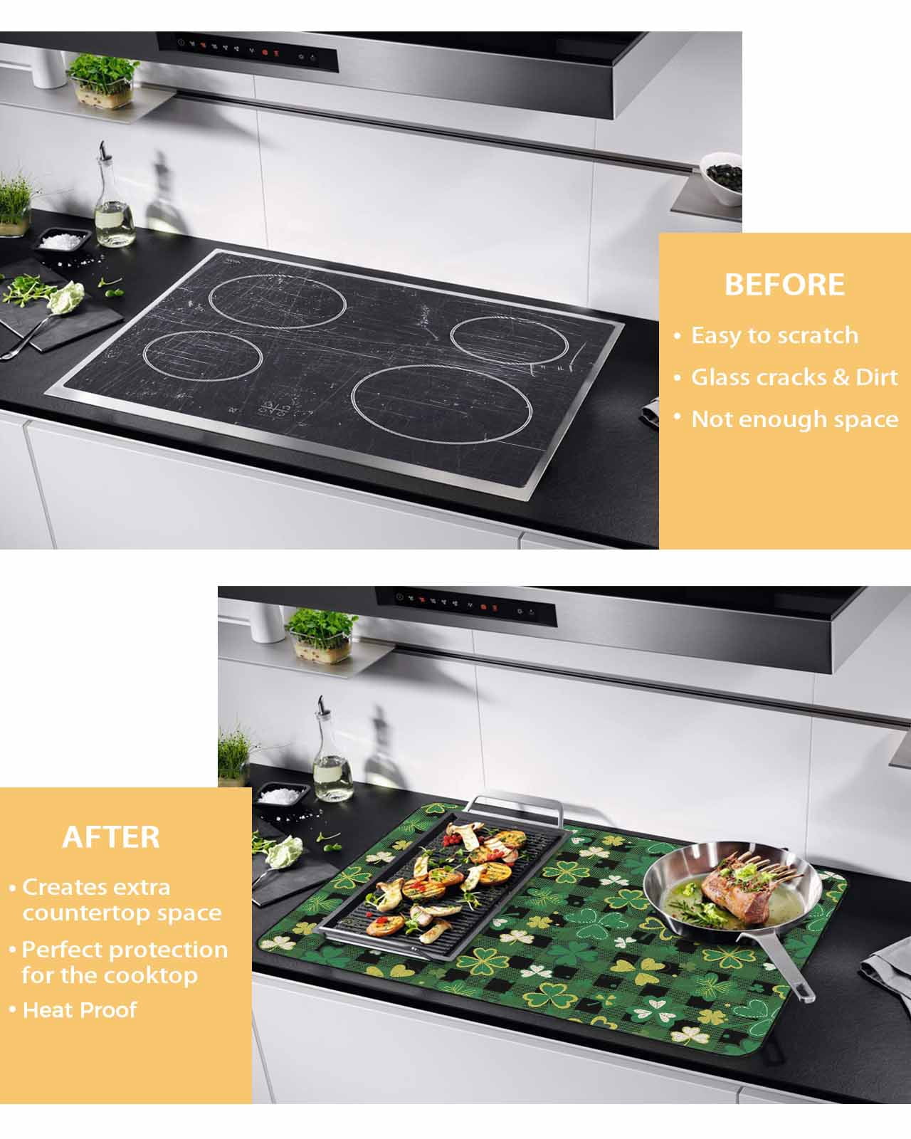Large Induction Cooktop Protector Mat St. Patrick's Day Stove Top Covers for Electric Stove, Spring Green Lucky Shamrock Grass Retro Decorative Stove Burner Cover Mats, Glass Top Stove Cover