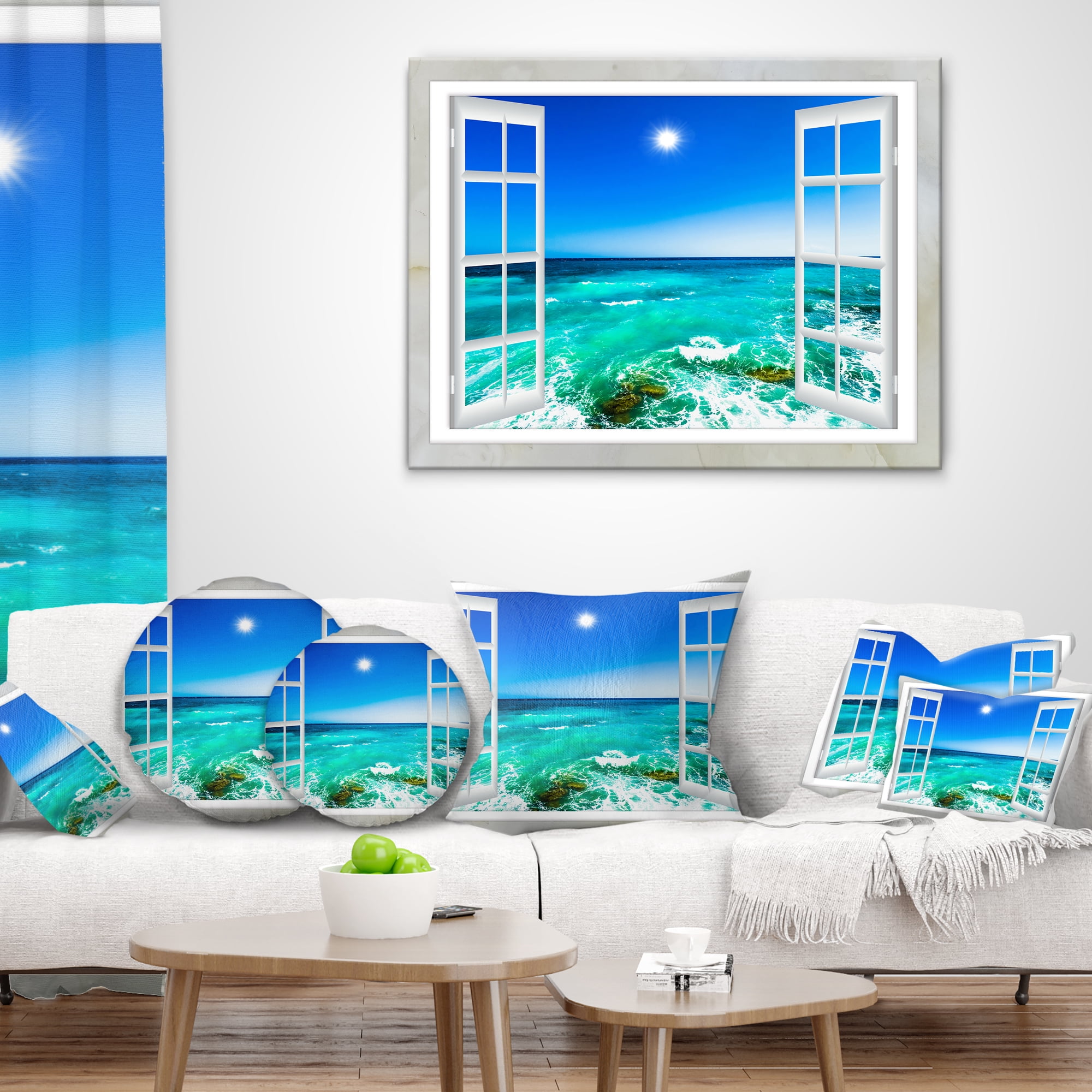 Designart Open Window to Wavy Ocean - Seashore Throw Pillow - 12x20