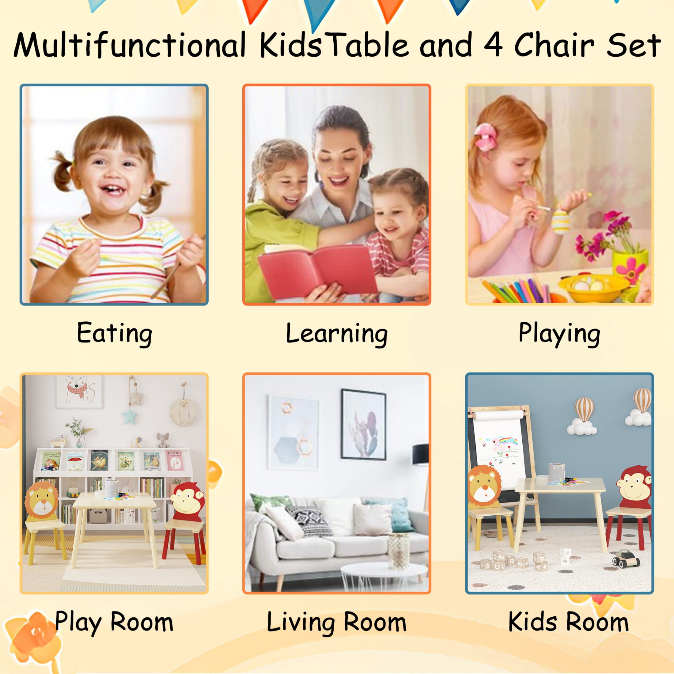 3 Piece Kids Table and Chair Set , Toddler Wood Table with 2 Chairs Set Cartoon Animals, Lion & Monkey