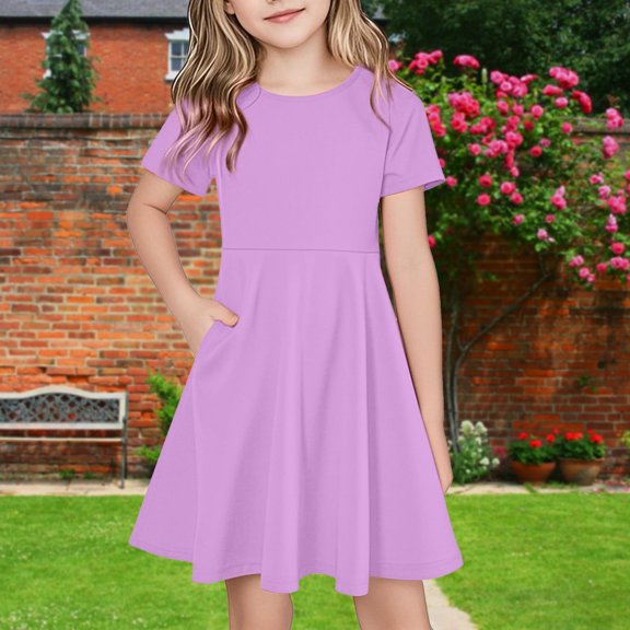 Girls A-Line Midi Dress Solid Color Loose Crew Neck Short Sleeve Casual Swing Dress with Pockets