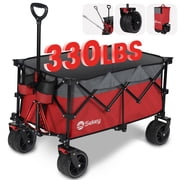 Sekey 220L Collapsible Foldable Wagon, 330lbs Weight Capacity Garden Wagon, Heavy Duty Folding Utility Beach Cart with Big All-Terrain Wheels & Drink Holders (Red)