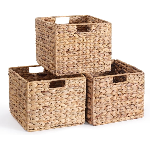 12X12X10in Water Hyacinth Storage Baskets, Wicker Storage Cubes Set of 3, Kitchen Baskets for Pantry Organization, Foldable Square Baskets for Shelves
