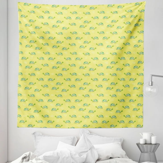 Turtle Tapestry, Cartoon Pattern Abstract Tortoise Pattern Woodland Fauna, Fabric Wall Hanging Decor for Bedroom Living Room Dorm, 5 Sizes, Green and Yellow, by Ambesonne