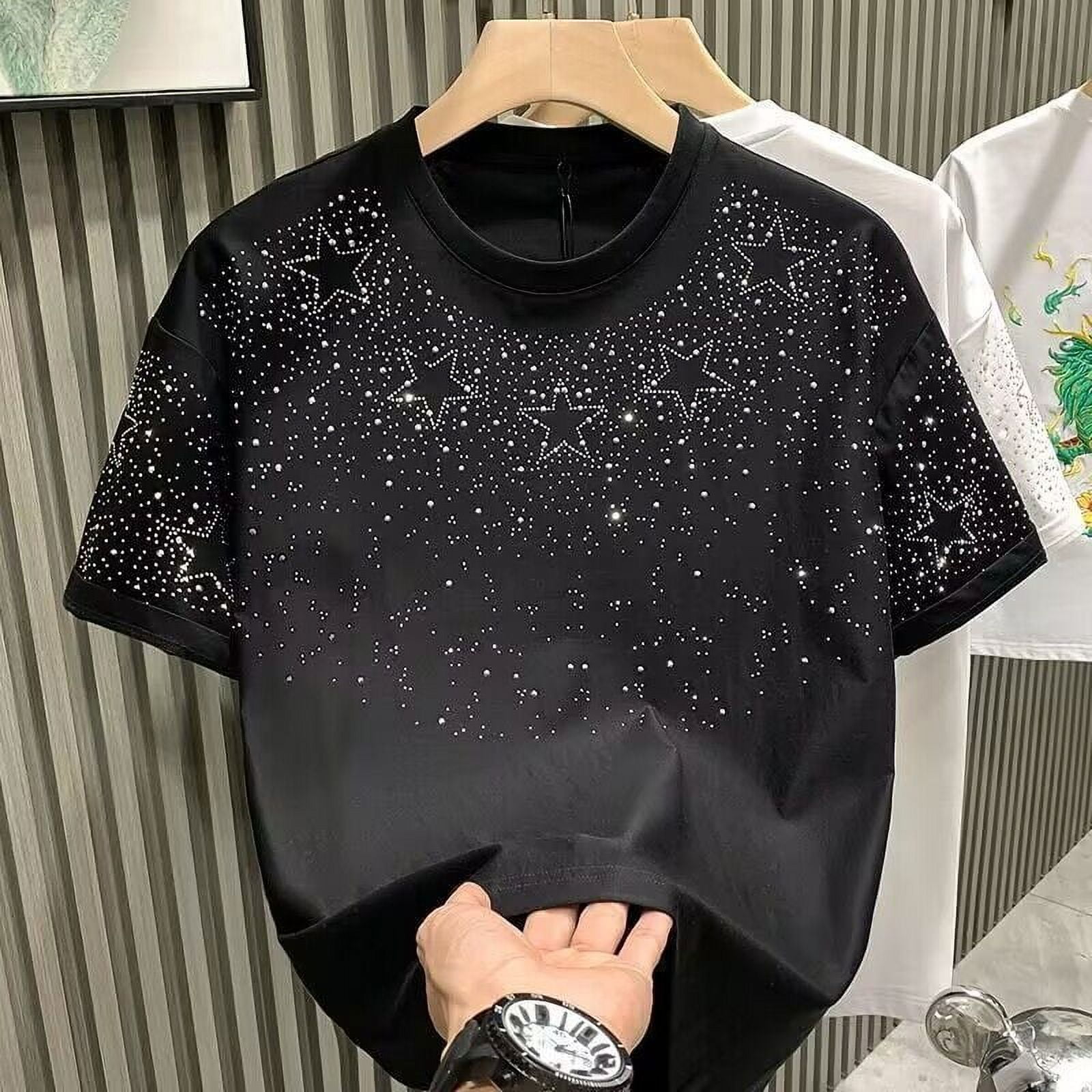Summer Rhinestone Rivet T-shirt for Men Clothing Round Neck