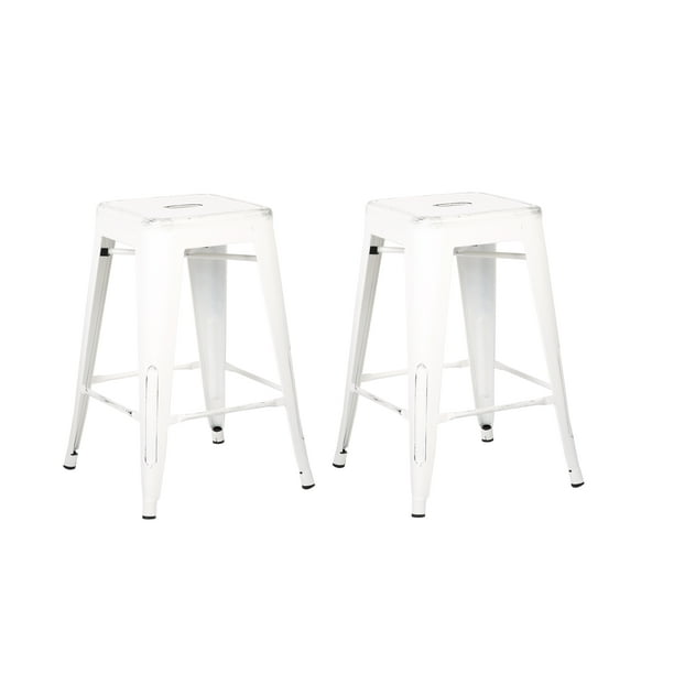 Backless Distressed Metal Barstool, Distressed White Bar Stools