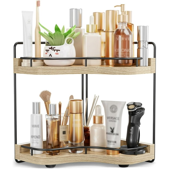 JDNRXO 2-Tier Corner Bathroom Counter Organizer with Embedded Screw Holes, Secure & Stable Wood Vanity Shelf for Makeup and Skincare Essentials - Space Saving Bathroom Organization Storage
