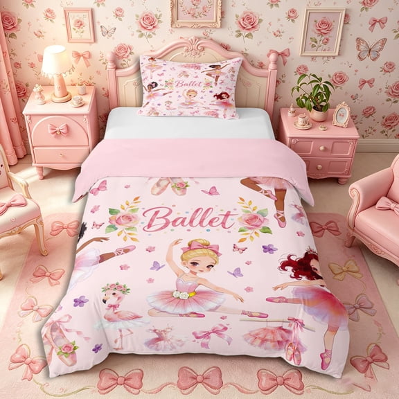 Castle Fairy Ballet Dance Girl Twin Duvet Cover,Floral Butterfly Flamingo Twin Bedding,Pink White,Grey Reversible,1 Duvet Cover and 1 Pillowcase