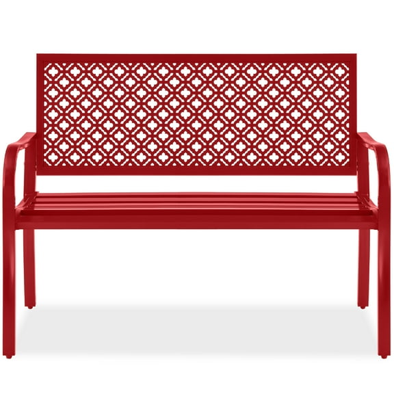 Best Choice Products Indoor Outdoor Steel Garden Bench w/ Geometric Backrest, Foot Levelers - Rose Red