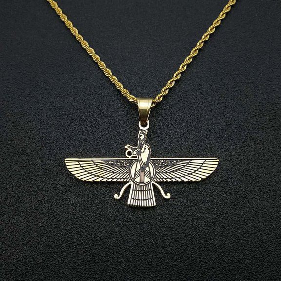 Men's 14K Yellow Gold Zoroastrianism Pendant Necklace with Box Chain Fashion Party Jewelry Religious Amulet Gift
