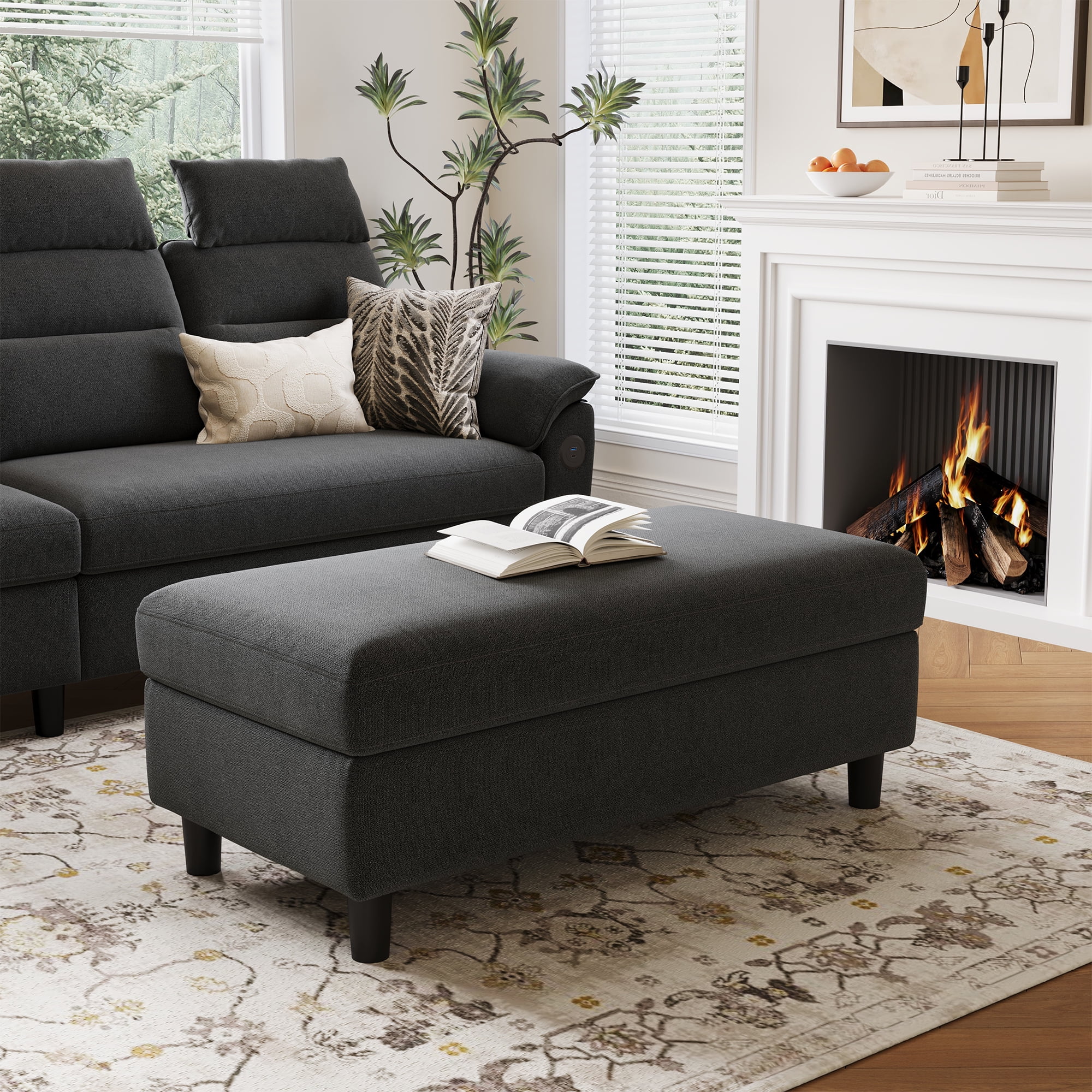 LINSY HOME 46" Large Ottoman with Storage, Ottoman Coffee Table, Upholstered Storage Bench for Living Room, Bedroom or Entryway, Blue