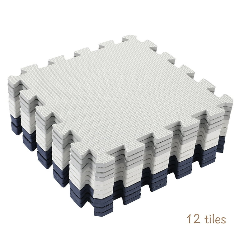 Easy Playhouse: 12 Soft Foam Floor Puzzle Tiles Blue-Grey-White