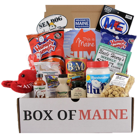 Box of Maine Gifts - 10-item Gift Pack - Whoopie Pie, Fluff, Moxie Soda, Maine Maple Syrup, Blueberry Honey, Humpty Dumpty BBQ Chips, Needhams Chocolate, Coffee, Maine Blueberry