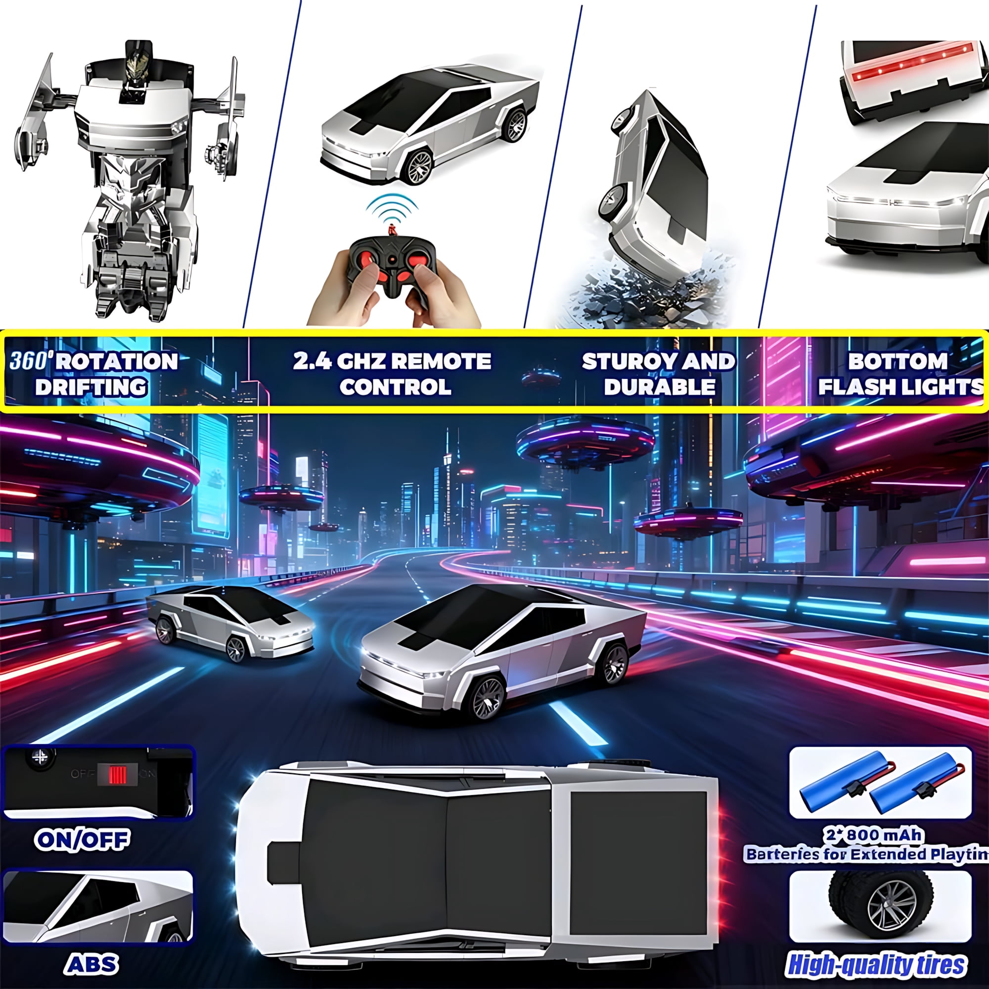Cybertruck Remote Control Car, 1:18 Scale RC Truck with One-Button Deformation, Transform Robot Toy for Kids Ages 4-12, LED Lights