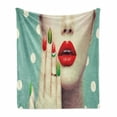 thumbnail image 1 of Lips Soft Flannel Fleece Throw Blanket, Lady Showing Her Watermelon Nail Art and Makeup Closeup over Polka Dots Background, Cozy Plush for Indoor and Outdoor Use, 50" x 70", Multicolor, by Ambesonne, 1 of 6