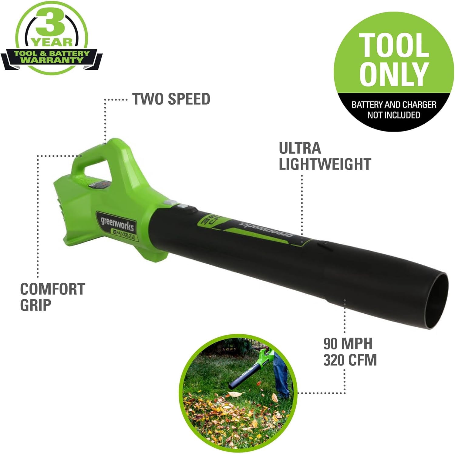 90 MPH 320 CFM 24-Volt Battery Cordless Handheld Leaf Blower (Tool-Only)
