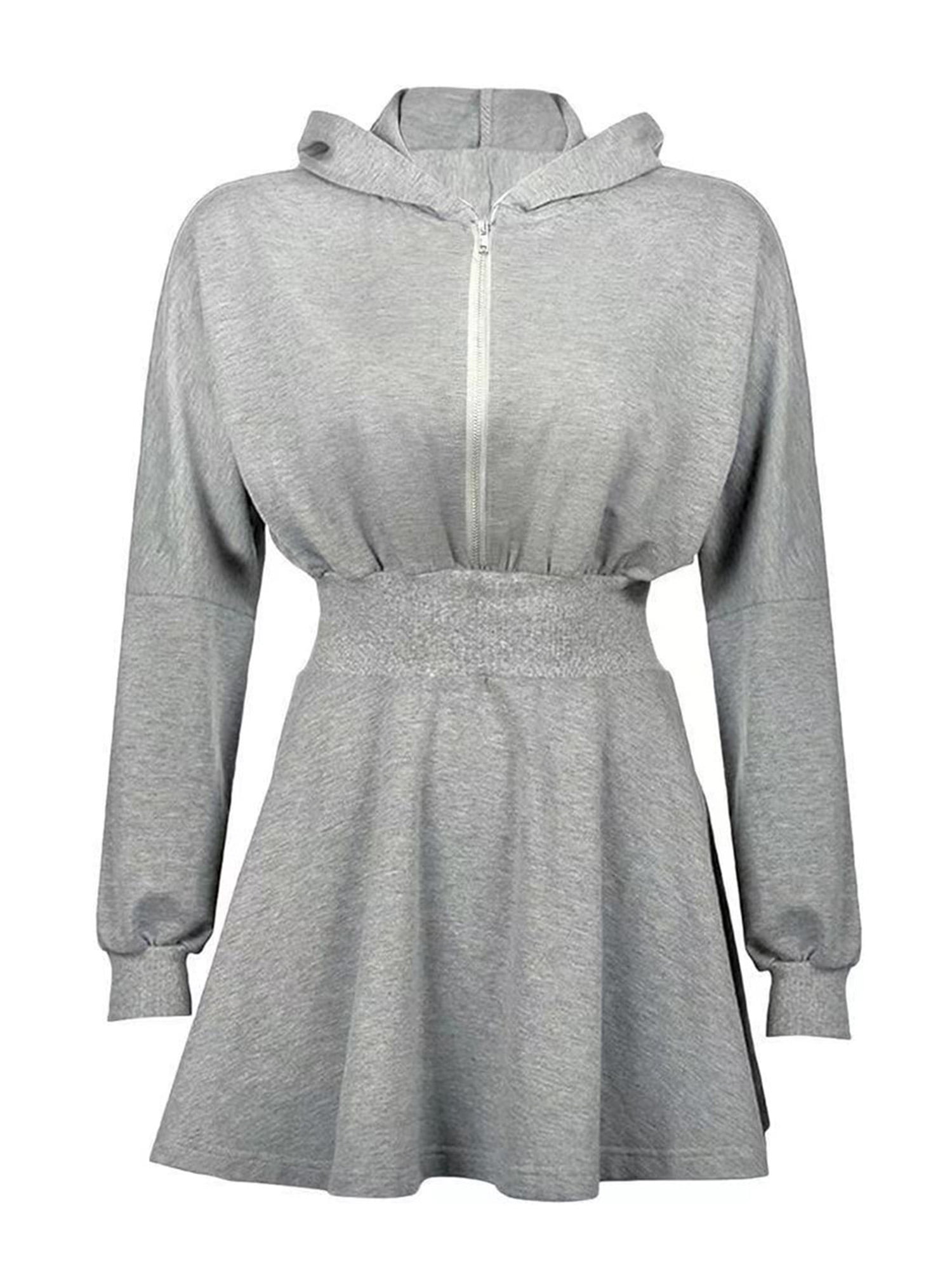 Finelook Women Hooded Dress Grey Solid Color Zip Up Long Sleeve Big Hem One Piece Walmart Com