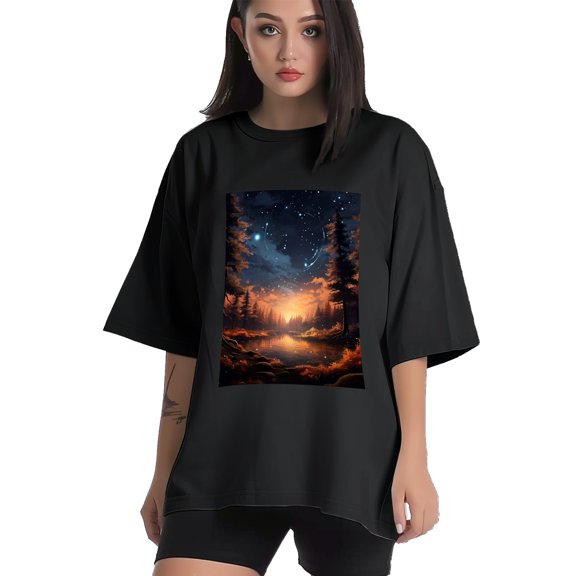 Plus Size Shirt for Women Black Tops for Women Short Sleeves Shirt for Women Night Sky T Shirt Crewneck Shirt for Women XS