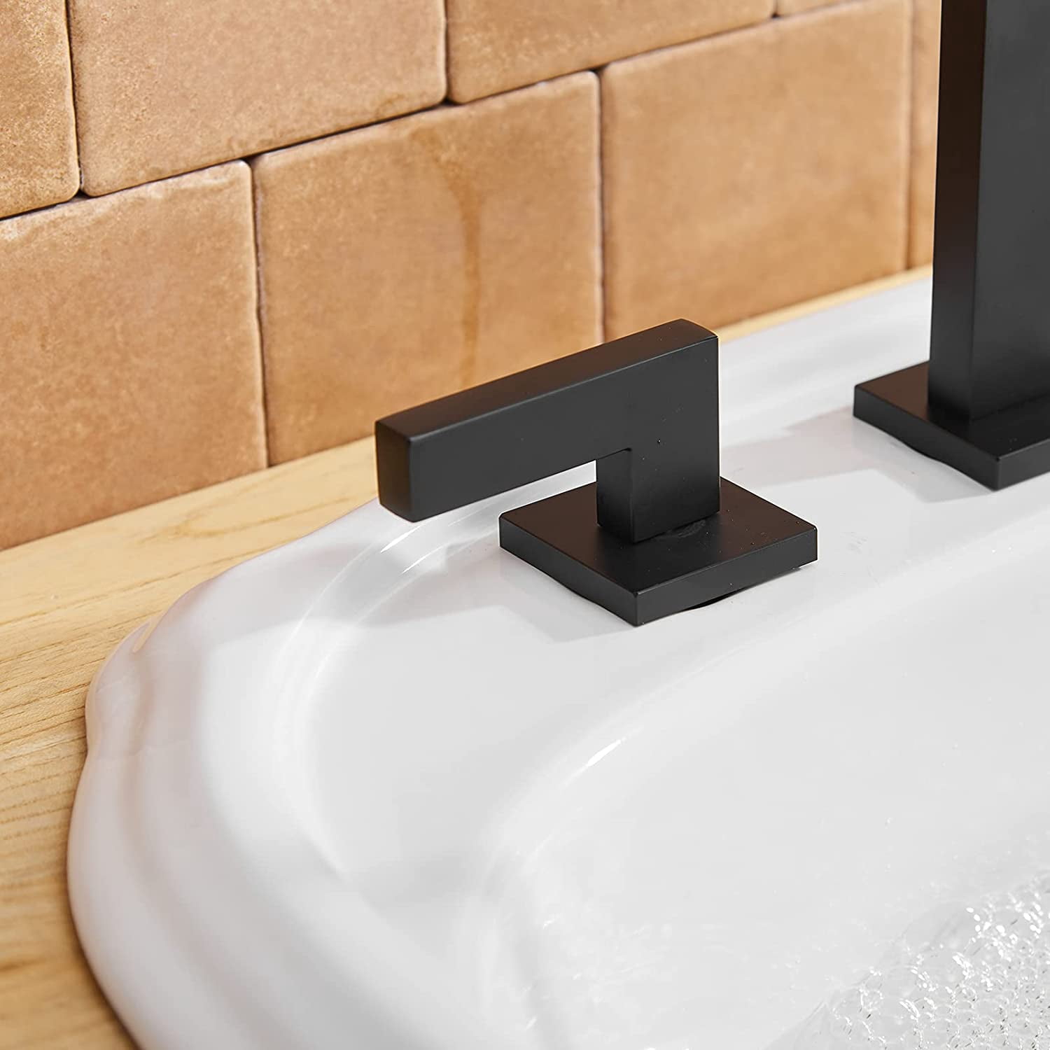 BWE Widespread Bathroom Faucet 3 Hole Matte Black with Pop Up Drain with Overflow Assembly and Supply Hose Bathroom Faucets for Sink 2-Handle 3 Pieces 8 Inch Basin Lavatory Mixer Tap