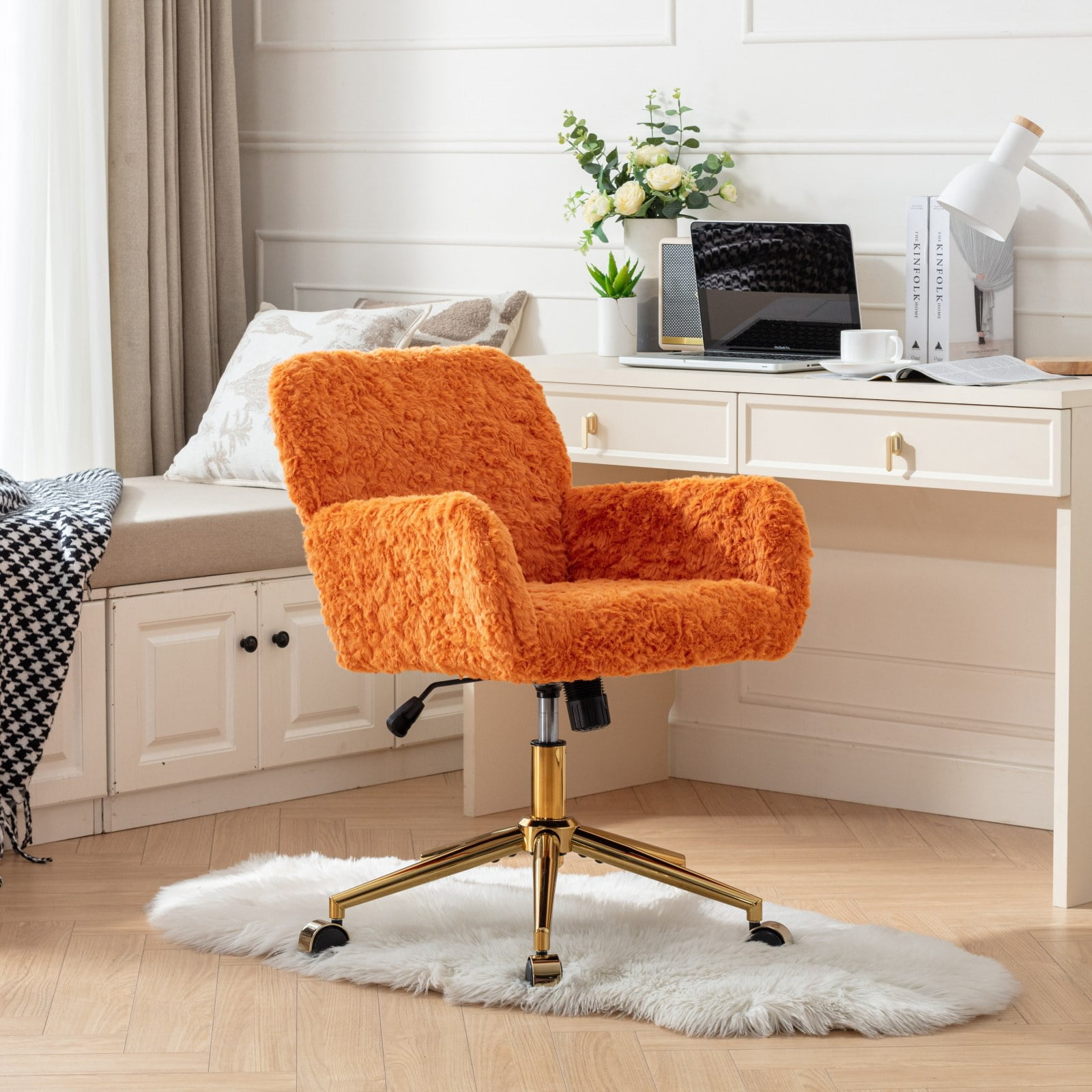 PAPROOS Office Chair, Velvet Upholstered Tufted Button Home Office Chair with Golden Metal Base, Adjustable Height, Swivel Ergonomic Task Chair, Luxury Desk Chair Computer Chair, Orange