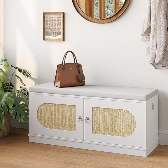 2-Tier Rattan Shoe Storage Bench, 39.4" W Shoe Bench with Padded Seat Cushion, Entryway Bench with Handles, 2 Doors, Adjustable Shelf for Living Room, Bedroom, Natural 13.4" D x 39.4" W x 17.7" H