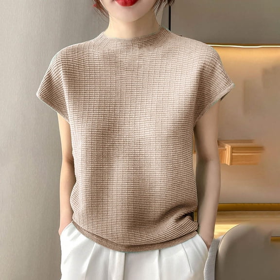 Summer Womens Plus Size T Shirts Clothes Casual Solid Color Knit Short Sleeve Round-Neck Workout Shirts Coffee Top Tees S-2XL