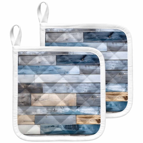 Blue Wooden Grain Pot Holders for Kitchen Heatproof Potholder, 2 Pack Farmhouse Country Abstract Art Hot Pads Multipurpose Oven Pads Cloth Potholders Trivet for Cooking and Baking