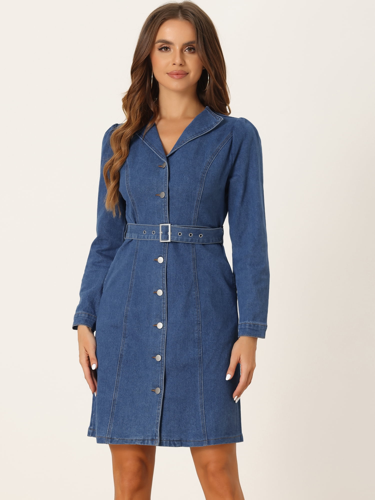 DARING DIVA Denim Dress Notched Lapel Button Down Dress XS Blue