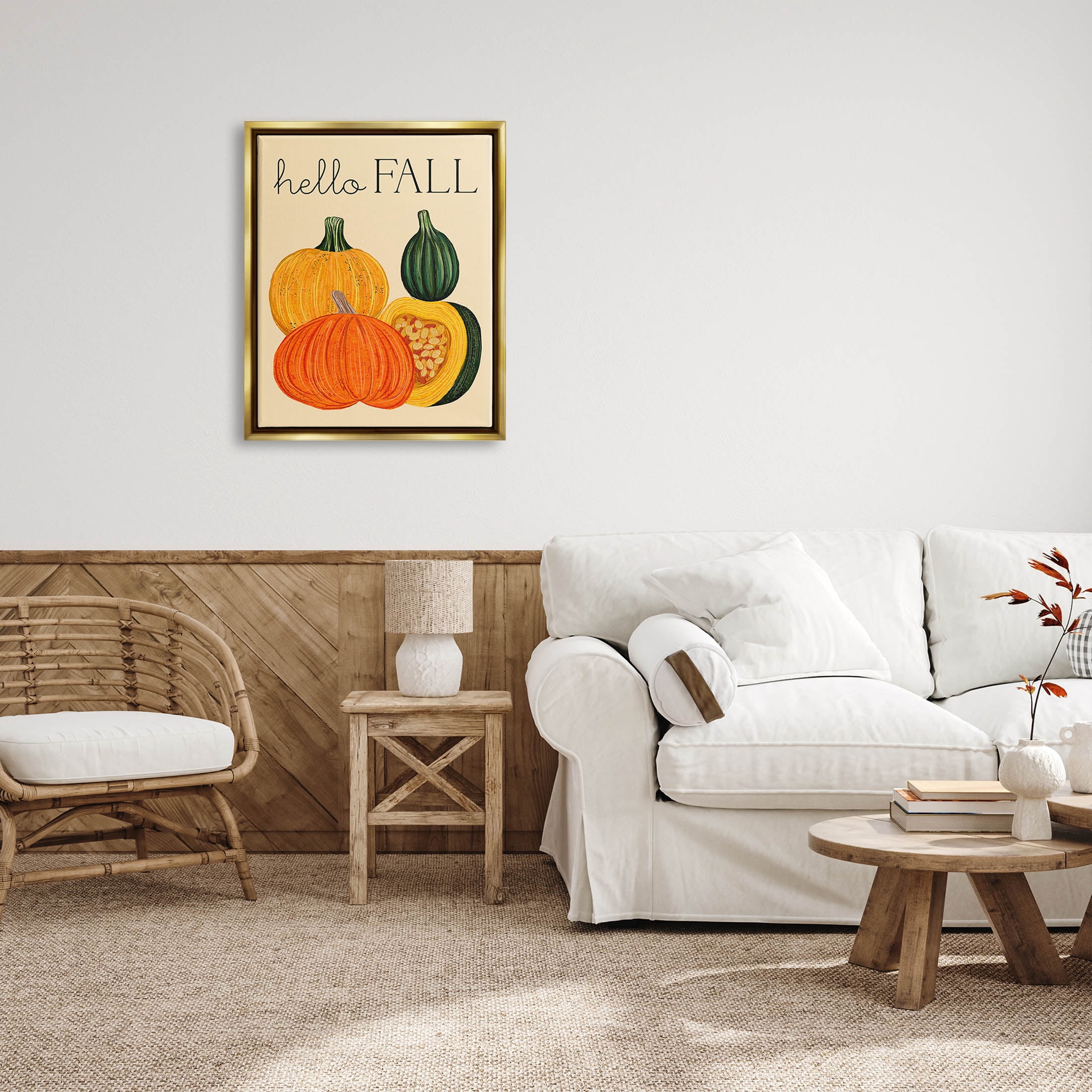 Stupell Industries Hello Fall Harvest Gourds Graphic Art Metallic Gold Floating Framed Canvas Print Wall Art, Design by Ziwei Li