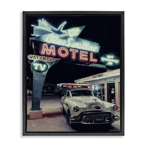 Stupell Industries Vintage Motel Getaway Car Transportation Painting Black Floater Framed Canvas Art Print Wall Art, 17 x 21