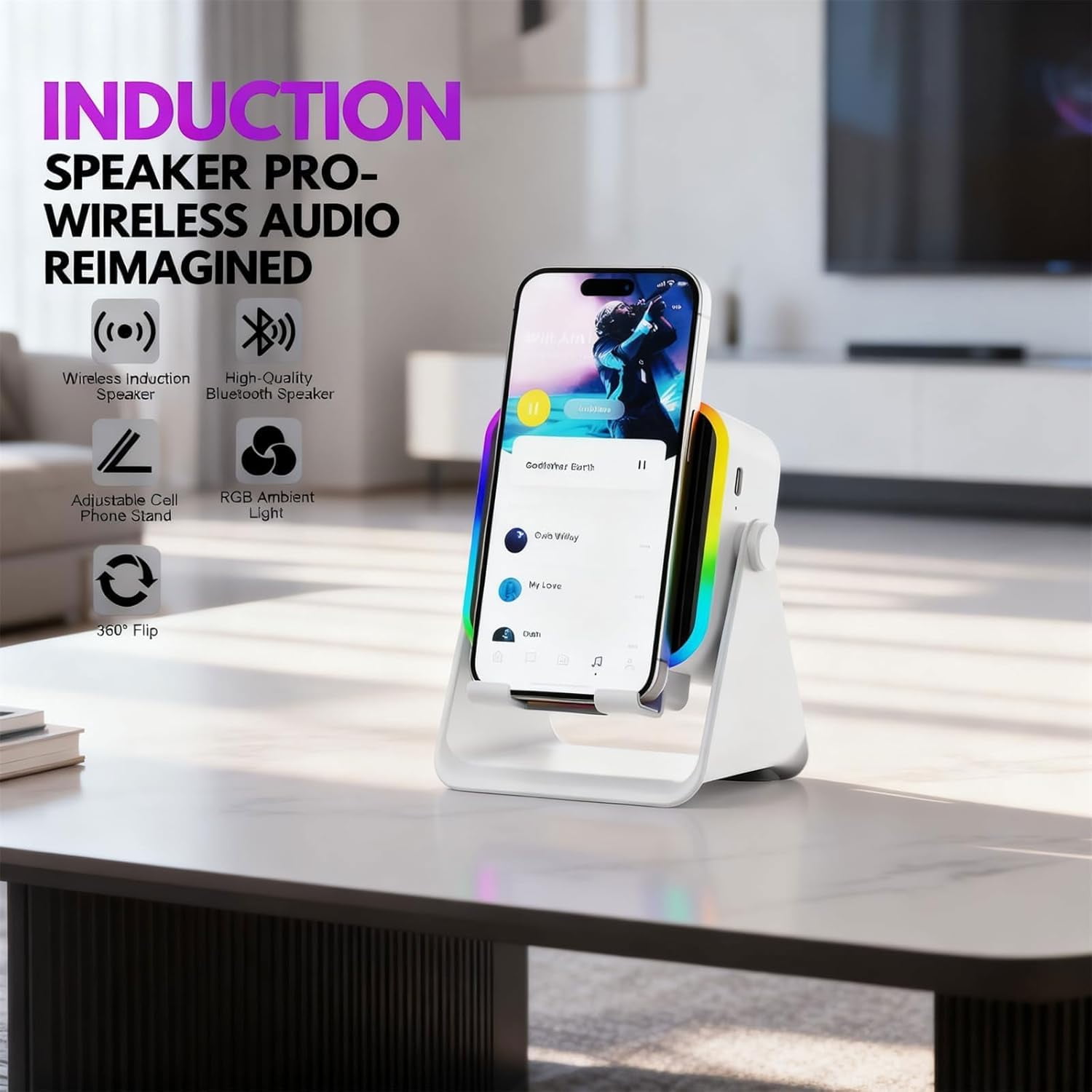 5-in-1 Wireless Induction Bluetooth Speaker with Adjustable Phone Stand, HD Stereo Sound, 5000mAh Rechargeable, 8 RGB Colorful Ambient Light, 360° Foldable Audio Cellphone Holder for iPhone (Mix, 2)