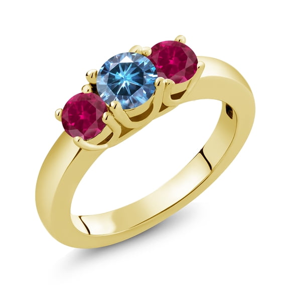 Gem Stone King 18K Yellow Gold Plated Silver 3-Stone Ring Round Persian Blue Moissanite and Created Ruby Red (1.00 Cttw, Size 5)