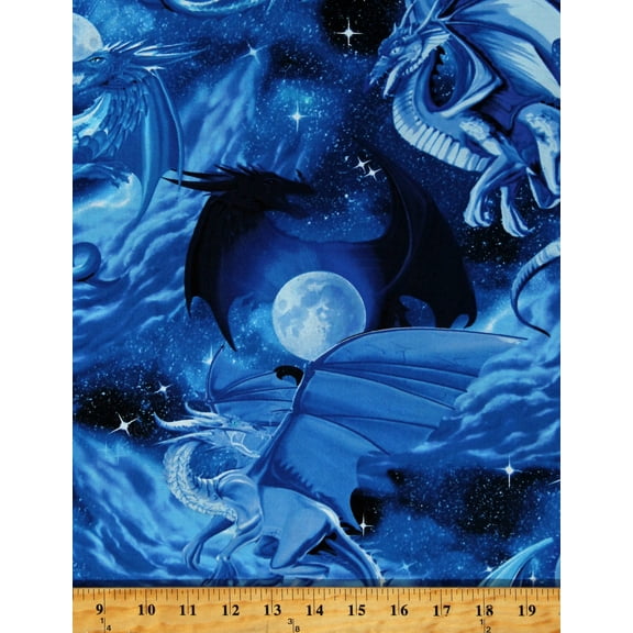Cotton Blue Dragon Animals Magic Night Sky Skies Stars Moon Blue Cotton Fabric Print by the Yard (1795-7564)